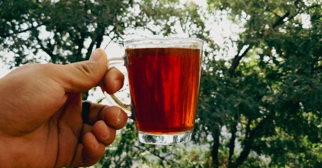 A person holds a glass of tea outdoors with a scenic forest backdrop, capturing nature's tranquility.