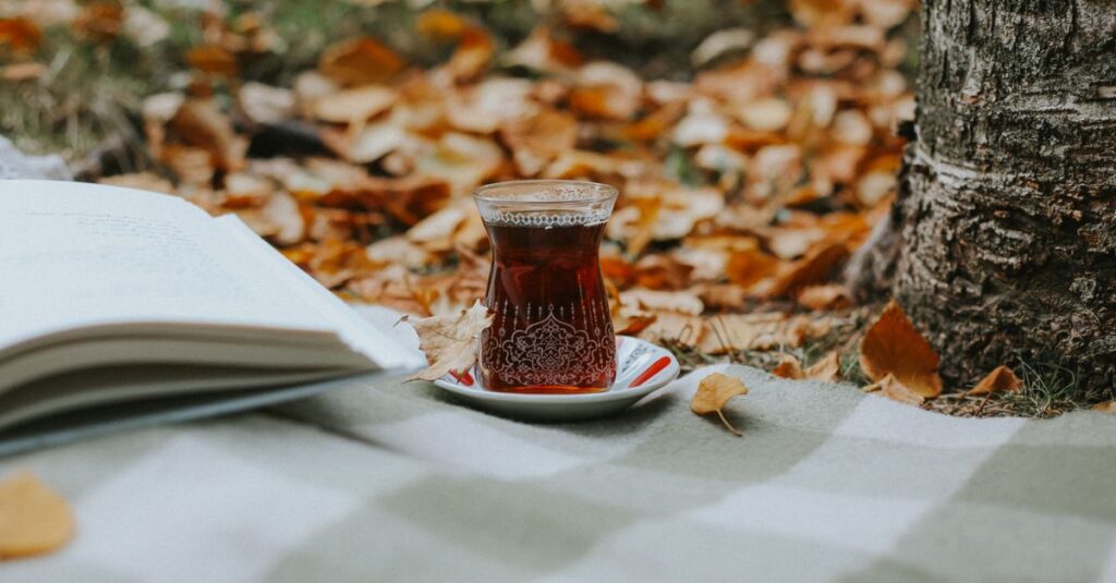 A serene autumn scene featuring a glass of tea and an open book on a picnic blanket surrounded by fallen leaves.