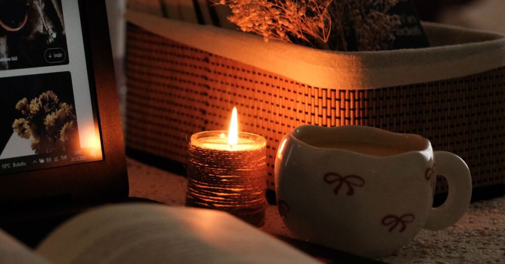 Warm candlelit scene with a digital book and tea for a cozy atmosphere.