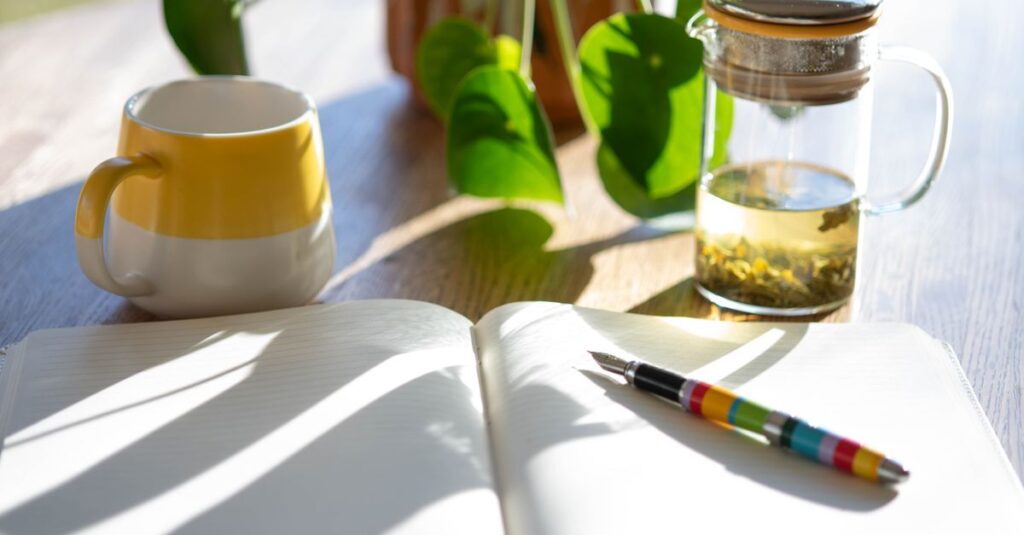 Sunlit desk with a notebook, colorful pen, mug, tea infuser, and green plant leaves.