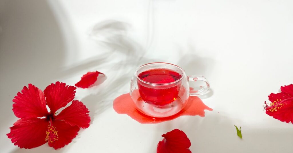 A vibrant arrangement of red hibiscus tea surrounded by fresh hibiscus flowers on a clean white background.