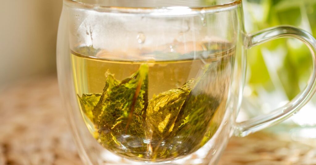 Glass transparent mug filled with hot herbal tea with green leaves placed on rattan coaster on table in light kitchen