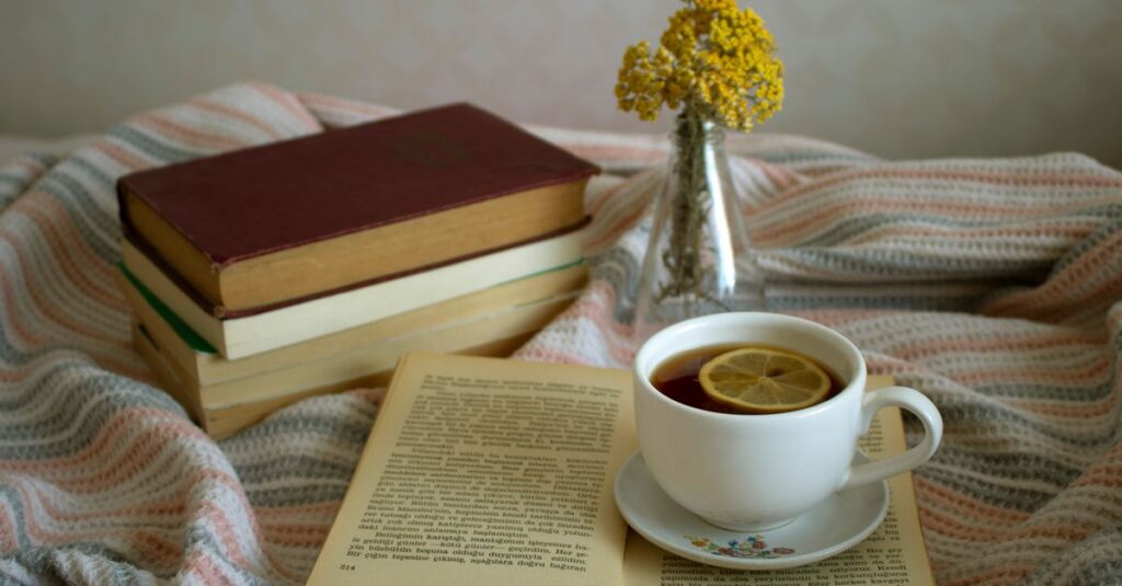 A serene setup featuring a steaming cup of tea with lemon and a stack of books, perfect for relaxation.